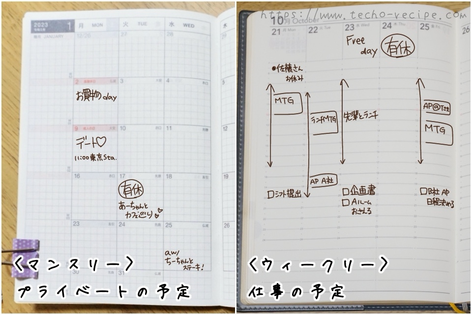 マンスリーにプライベートの予定、ウィークリーに仕事の予定を記入