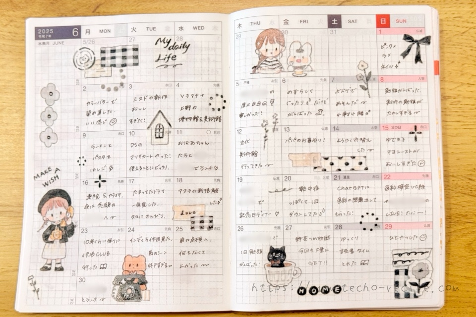 月間カレンダーの記入例