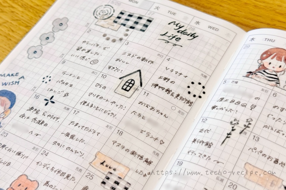 月間カレンダーに一言日記を記入した例