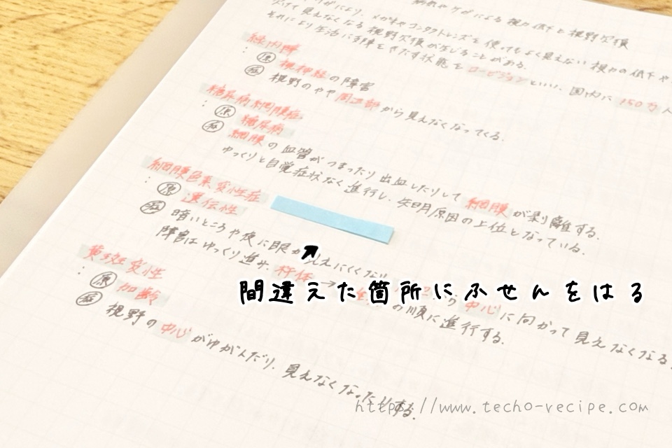 間違えた箇所には付箋を貼る