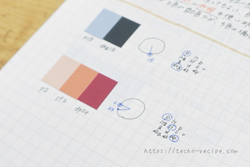 ノートに新配色カード199aを貼って配色した例