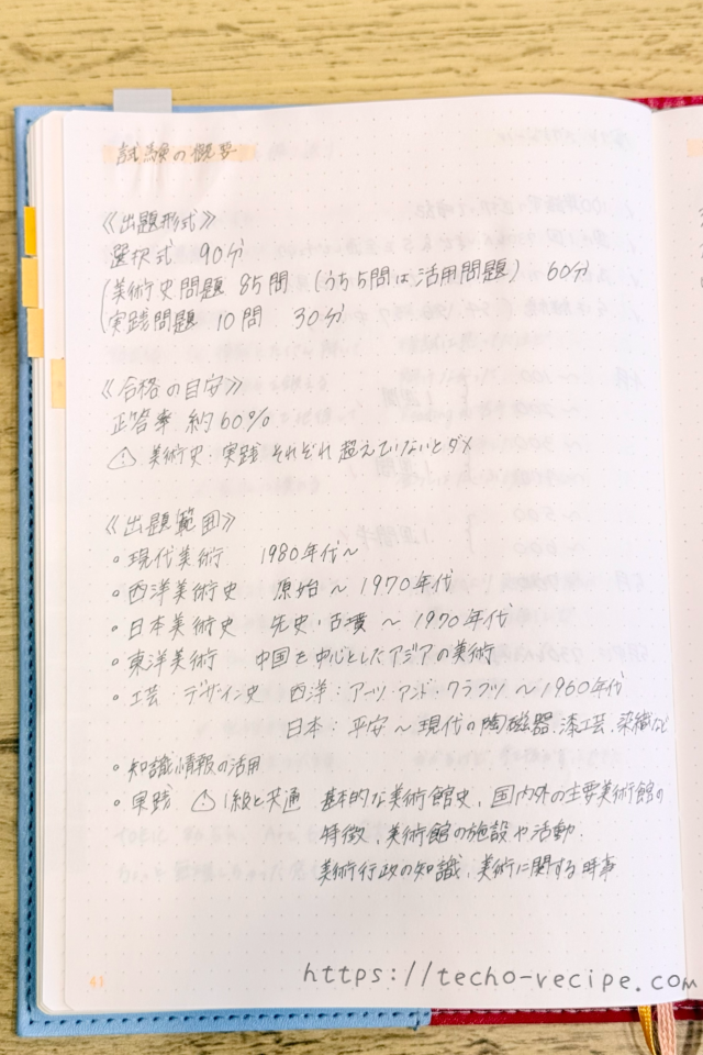試験の概要を記入したページ