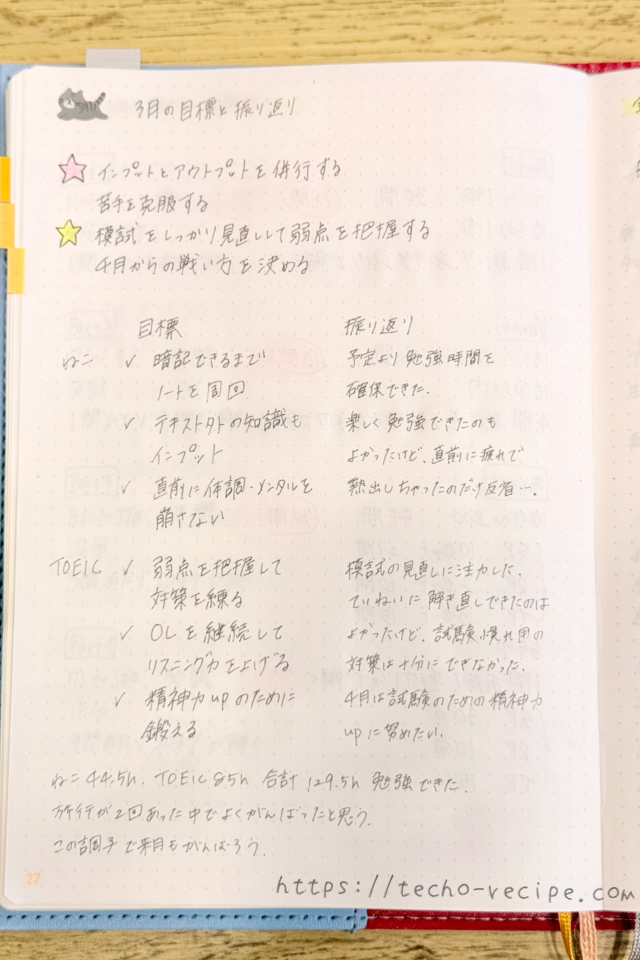 月ごとの目標と振り返りを記入した例
